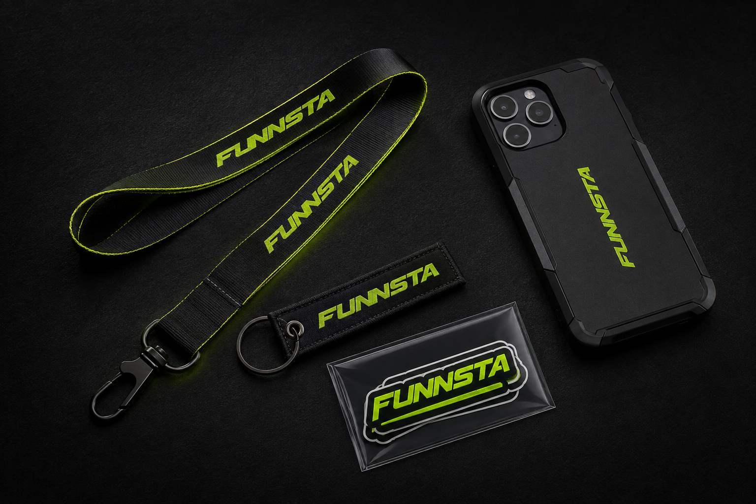 FUNNSTA sticker pack, phone case, lanyard and woven key ring concept preview